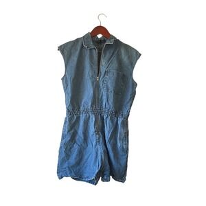 Y2k Denim Romper Sleeveless Zip Front Blue Cotton Size M